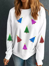 White long-sleeved festive sweatshirt with colorful glittery christmas tree appliqués suitable for machine wash