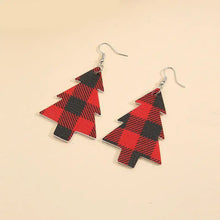 Pair of red and black buffalo plaid Christmas tree PU leather dangle earrings
