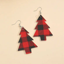 Pair of red and black buffalo plaid Christmas tree PU leather dangle earrings