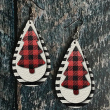 Red and black plaid Christmas tree PU leather earrings with white faux accents