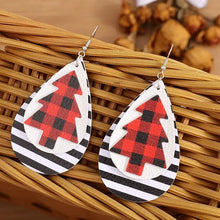 Red and black plaid Christmas tree PU leather dangle earrings