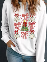 White christmas tree ribbon bow printed drop shoulder sweatshirt with festive green and red trees machine wash cold