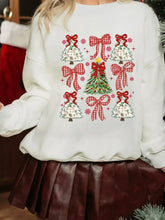 White christmas tree ribbon bow printed drop shoulder sweatshirt with red and green holiday trees machine wash cold