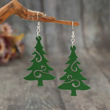 Pair of green Christmas tree wooden earrings with silver hooks