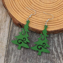 Pair of green Christmas tree wooden dangle earrings