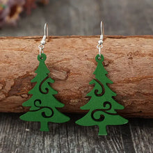 Green Christmas Tree Wooden Earrings with Swirl Cut-Outs