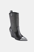 Chunky Heel Rhinestone Cowboy Boots Black Leather Silver Toe Black