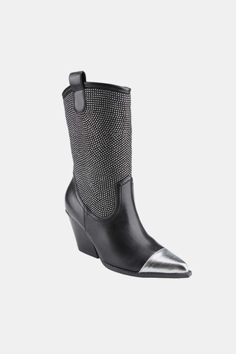 Chunky Heel Rhinestone Cowboy Boots Black Leather Silver Toe Black