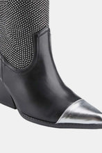 Chunky Heel Rhinestone Cowboy Boots Black Leather Silver Toe