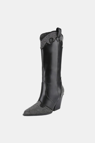 Chunky Heel Rhinestone Western Boots for Women Black Studded Cowboy Style Black