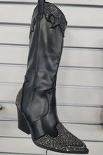 Chunky Heel Rhinestone Western Boots for Women Black Studded Cowboy Style Woman Boots