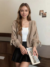 Chunky knit long sleeve tie cardigan in earth tone beige