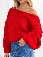 Chunky knit off-shoulder sweater in earth tone, slightly stretchy puffy sleeves