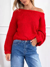 Vibrant red chunky knit off-shoulder sweater, slightly stretchy ribbed texture