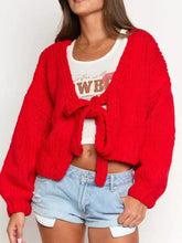 Vibrant red chunky knit slightly stretchy tie-front cropped cardigan
