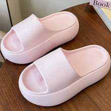 Pink chunky open toe platform slippers with white sole strap