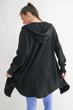 Black chunky waffle mineral wash hooded open cardigan