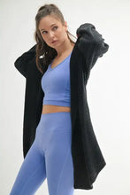 Black Chunky Waffle Mineral Wash Hooded Open Cardigan