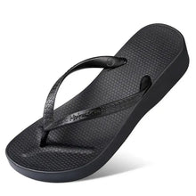 Classic comfort wedge slippers in solid black with textured straps and sole