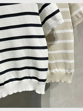 Classic striped knit short sleeve t-shirt in black and white stripes with ribbed cuffs