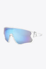 Clear frame polycarbonate shield sunglasses with blue mirrored lenses