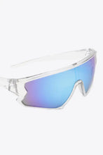 Clear blue mirrored polycarbonate shield sunglasses with sleek design