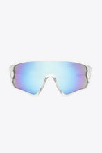 Clear frame polycarbonate shield sunglasses with blue mirrored lenses