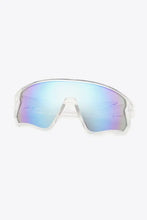 Clear frame polycarbonate shield sunglasses with iridescent blue mirrored lenses