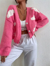 Pink slightly stretchy cloud button knit cardigan with white clouds
