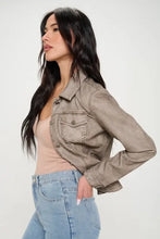 Coalition LA beige cropped vegan leather cargo shacket with buttons and pockets
