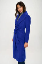Coalition LA royal blue wool longline coat with double-breasted design and belt