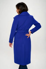 Coalition LA royal blue wool longline coat with double-breasted design and belt