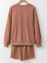 Cozy rose gold COFFEE Round Neck Sweatshirt and Shorts Set back view