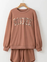 Cozy rose gold COFFEE sweatshirt and shorts set with sequined graphic