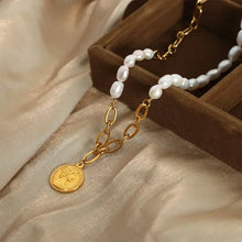 Coin Pendant Pearl Titanium Steel Necklace with Baroque Pearls