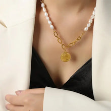 Coin pendant pearl titanium steel necklace with baroque pearls and gold chain