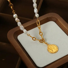 Elegant coin pendant pearl titanium steel necklace with baroque pearls
