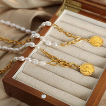 Elegant coin pendant pearl titanium steel necklace with baroque pearls and gold chain