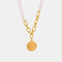 Gold-toned coin pendant pearl titanium steel necklace with baroque pearls