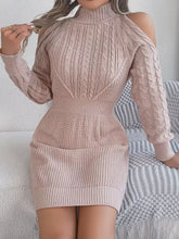 Blush pink cold shoulder cable knit turtleneck sweater dress