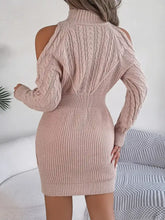Blush pink cold shoulder cable knit turtleneck sweater dress
