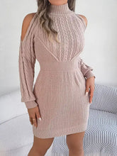 Blush pink cold shoulder cable knit turtleneck sweater dress