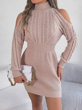 Blush pink cold shoulder cable knit turtleneck sweater dress, long sleeves