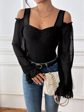 Black cold shoulder flounce long sleeve bodysuit with sheer sleeves and pleated bodice for elegant wear