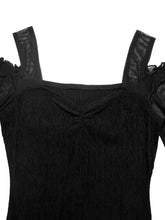 Black cold shoulder flounce sleeve bodysuit with sheer mesh straps and ruffled detailing for elegant wear