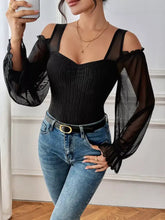 Black cold shoulder flounce sleeve bodysuit with off the shoulder sheer long sleeves and ribbed bodice