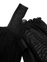Black sheer lace cold shoulder flounce sleeve bodysuit with ruched detailing and delicate mesh texture