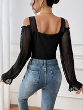 Black sheer cold shoulder flounce sleeve bodysuit with long sleeves ruffled cuffs and square neckline