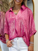 A shimmering pink satin collared v neck half sleeve metallic top with relaxed fit and three quarter length sleeves