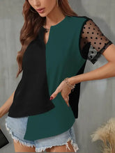 Color Block Blouse with Sheer Polka Dot Sleeves Woman T Shirts